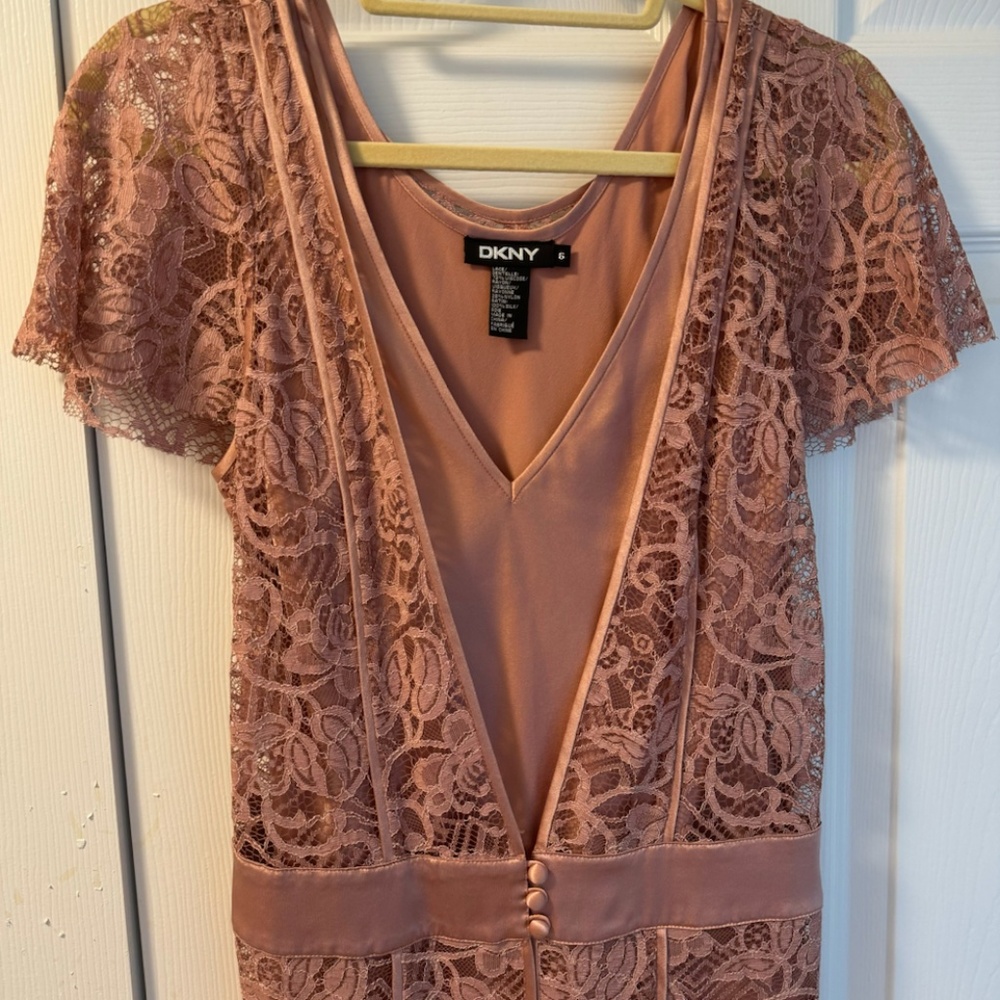 DKNY Womens Textured Lace Layered Buttoned Short Sleeve Blouse